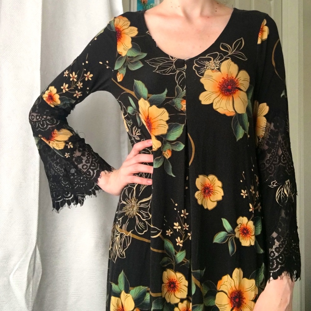 Floral Dress with Lace Sleeves